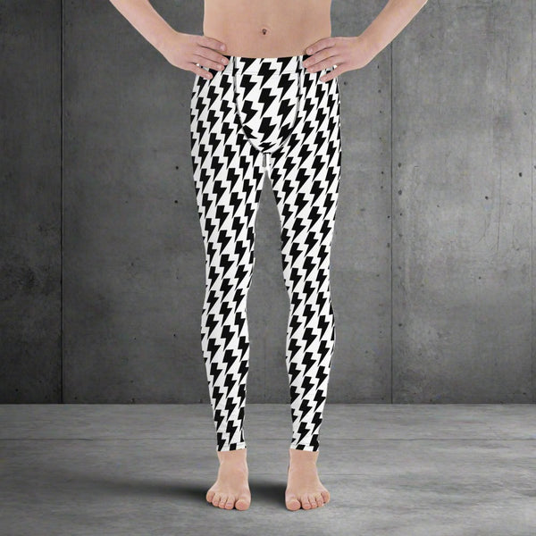 Lighting Abstract White and Black Men's Leggings, White and Black Lighting Abstract Designer Print Sexy Meggings Men's Workout Gym Tights Leggings, Men's Compression Tights Pants - Made in USA/ EU/ MX (US Size: XS-3XL)&nbsp;
