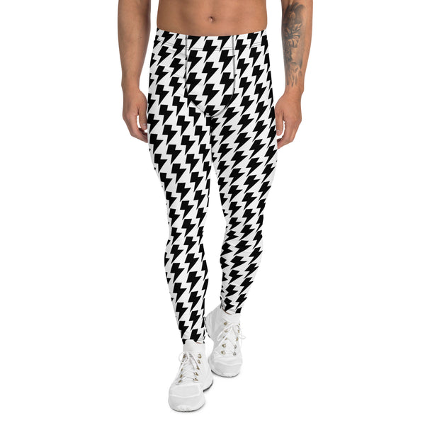 Lighting Abstract White and Black Men's Leggings, White and Black Lighting Abstract Designer Print Sexy Meggings Men's Workout Gym Tights Leggings, Men's Compression Tights Pants - Made in USA/ EU/ MX (US Size: XS-3XL)&nbsp;
