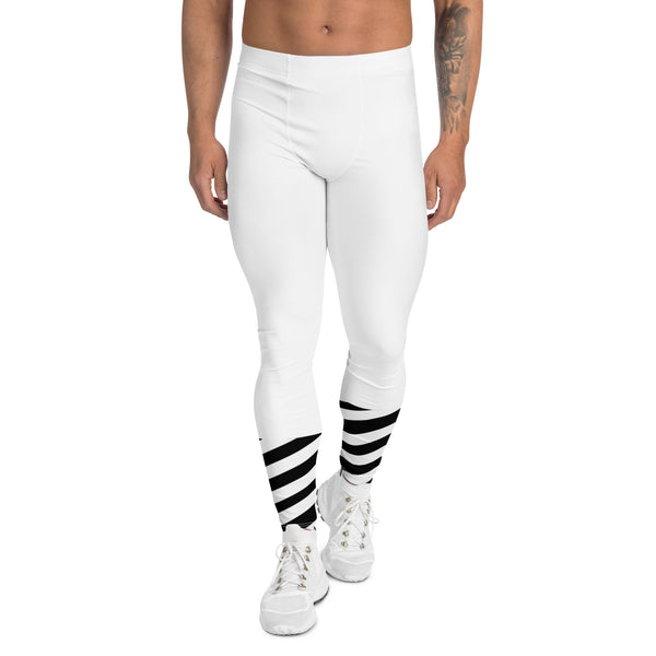 White Striped Black Meggings, Best Men's Leggings, Designer Minimalist Black White Modern Meggings-Made in USA/EU/MX