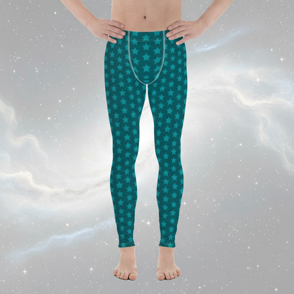 Blue Stars Men's Leggings, Stars Pattern Running Compression Tights For Men - Made in USA/EU/MX