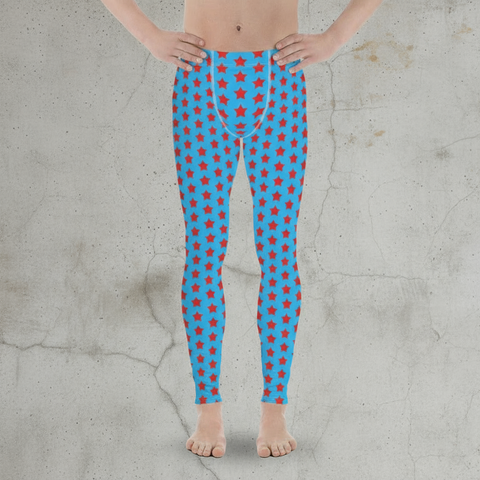 Red Blue Stars Meggings, Best Men's Leggings Running Compression Tights For Men - Made in USA/EU/MX