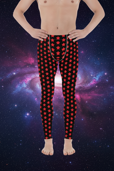 Black Red Stars Meggings, Star Print Best Men's Leggings Running Compression Tights For Men - Made in USA/EU/MX