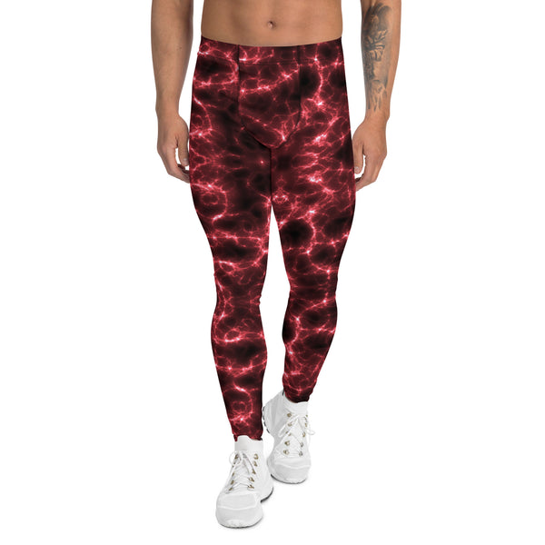 Red Lightning Men's Leggings, Mens Lightning Storm Pants, Thunder Lightning Leggings For Men-Made in USA/EU/MX (US Size: XS-3XL) Lighting Abstract Designer Print Sexy Meggings Men's Workout Gym Tights Leggings, Men's Compression Tights Pants&nbsp;&nbsp;