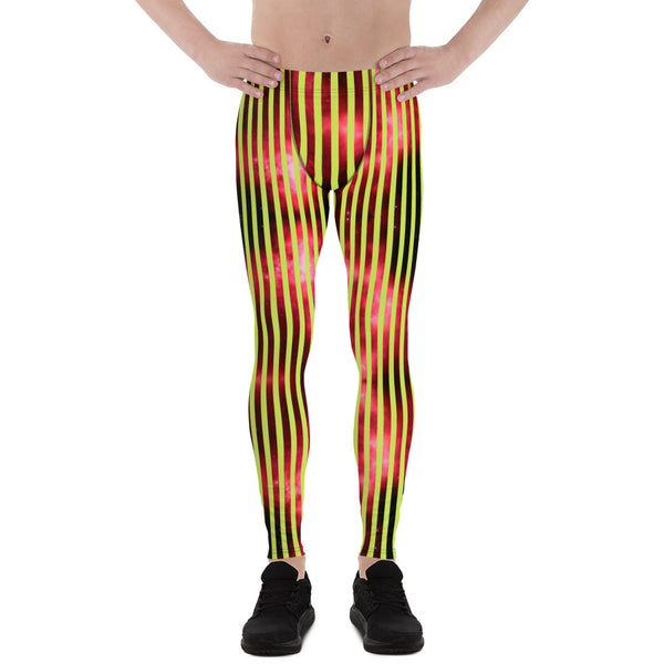 Red Green Striped Men's Leggings, Abstract Vertical Striped Meggings Compression Tights For Men- Made in USA/EU/MX