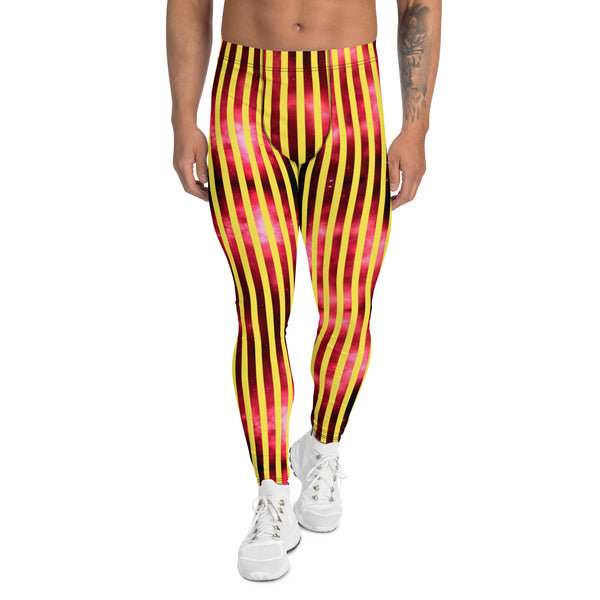 Red Yellow Vertically Striped Men's Leggings, Vertical Striped Designer Print Sexy Meggings Men's Workout Gym Tights Leggings, Men's Compression Tights Pants - Made in USA/ EU/ MX (US Size: XS-3XL)&nbsp;