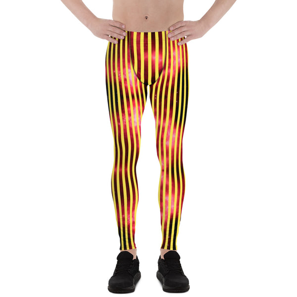 Yellow Red Striped Men's Leggings, Vertical Striped Meggings Compression Tights For Men- Made in USA/EU/MX