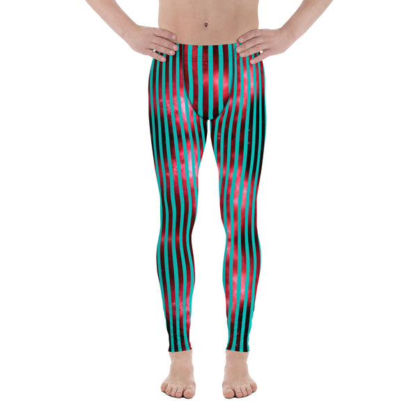 Blue Red Striped Men's Leggings, Colorful Best Vertically Striped Best Abstract Designer Print Sexy Meggings Men's Workout Gym Tights Leggings, Men's Compression Tights Pants - Made in USA/ EU/ MX (US Size: XS-3XL)&nbsp;