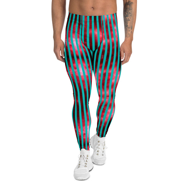 Blue Red Striped Men's Leggings, Colorful Best Vertically Striped Best Abstract Designer Print Sexy Meggings Men's Workout Gym Tights Leggings, Men's Compression Tights Pants - Made in USA/ EU/ MX (US Size: XS-3XL)&nbsp;