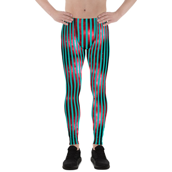 Blue Red Striped Men's Leggings, Colorful Best Vertically Striped Best Abstract Designer Print Sexy Meggings Men's Workout Gym Tights Leggings, Men's Compression Tights Pants - Made in USA/ EU/ MX (US Size: XS-3XL)&nbsp;