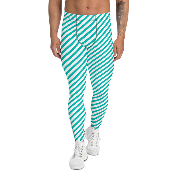 Colorful Diagonally Striped Meggings, White and Blue Diagonal Striped Best Abstract Designer Print Sexy Meggings Men's Workout Gym Tights Leggings, Men's Compression Tights Pants - Made in USA/ EU/ MX (US Size: XS-3XL)&nbsp;