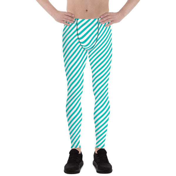 White Blue Diagonal Striped Meggings, Colorful Best Compression Tights For Men - Made in USA/EU/MX