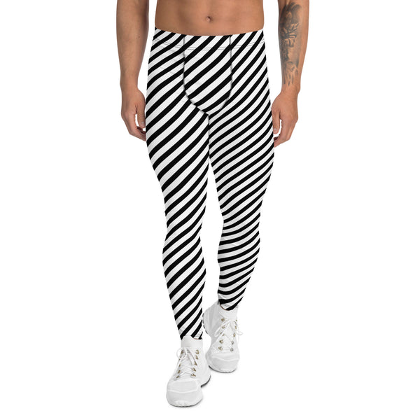 White Black Diagonal Striped Meggings, Colorful Best Compression Tights For Men - Made in USA/EU/MX