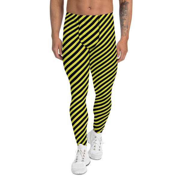 Yellow Black Diagonal Striped Meggings, Colorful Best Compression Tights For Men - Made in USA/EU/MX