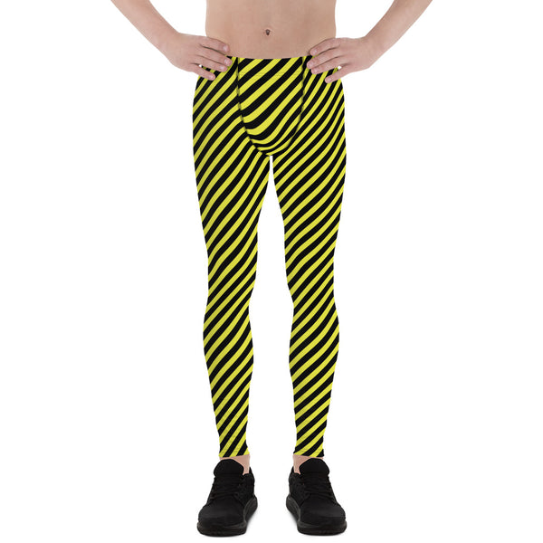 Yellow Black Diagonal Striped Meggings, Colorful Best Compression Tights For Men - Made in USA/EU/MX