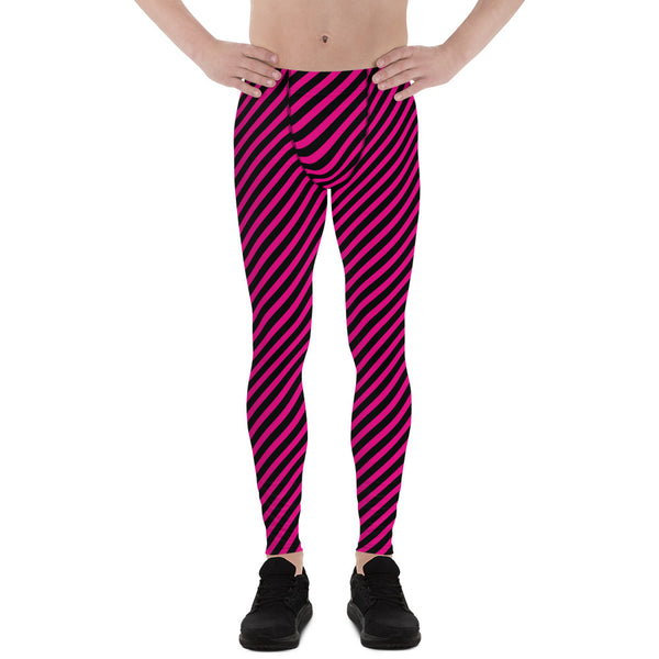 Black Pink Diagonal Striped Meggings, Colorful Best Compression Tights For Men - Made in USA/EU/MX