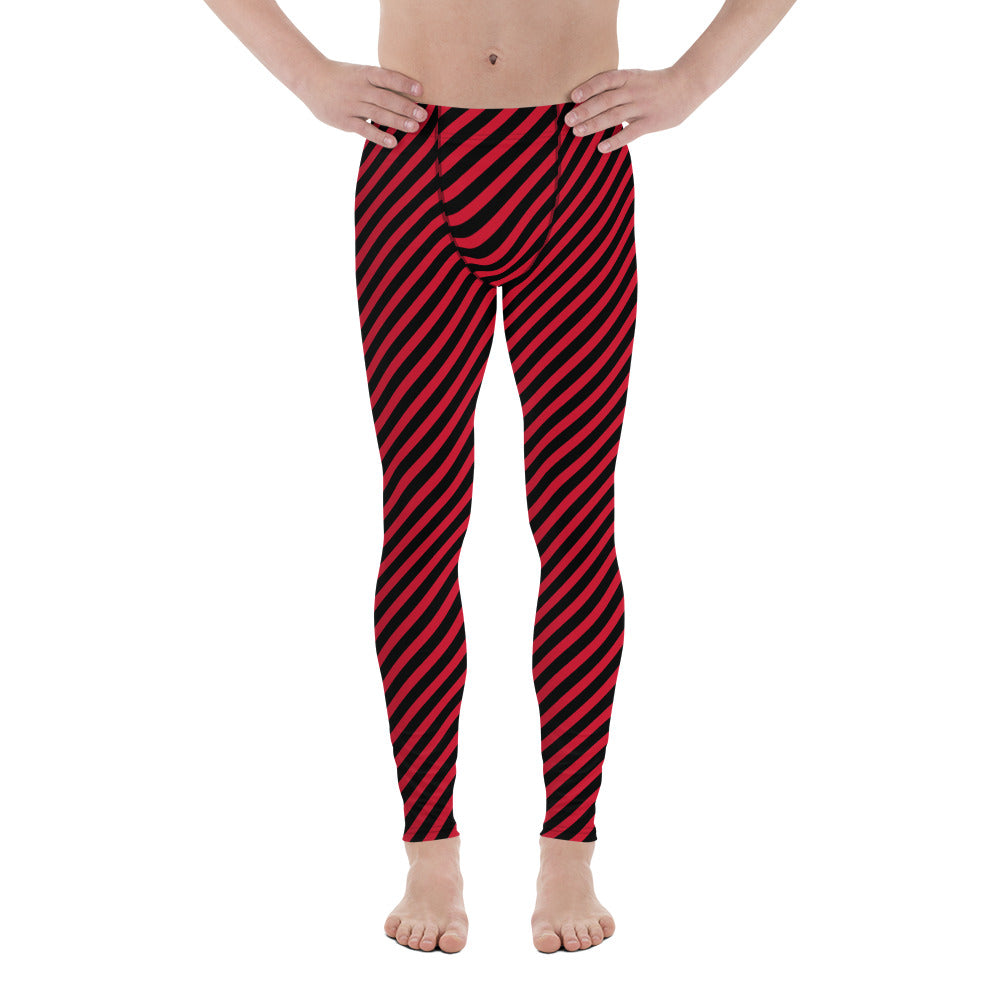 Colorful Diagonally Striped Meggings, Red and Black Diagonal Striped Best Abstract Designer Print Sexy Meggings Men's Workout Gym Tights Leggings, Men's Compression Tights Pants - Made in USA/ EU/ MX (US Size: XS-3XL)&nbsp;