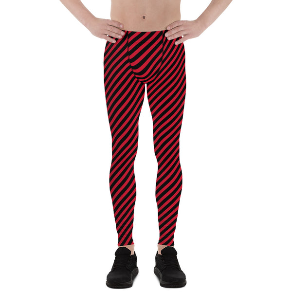 Colorful Diagonally Striped Meggings, Red and Black Diagonal Striped Best Abstract Designer Print Sexy Meggings Men's Workout Gym Tights Leggings, Men's Compression Tights Pants - Made in USA/ EU/ MX (US Size: XS-3XL)&nbsp;