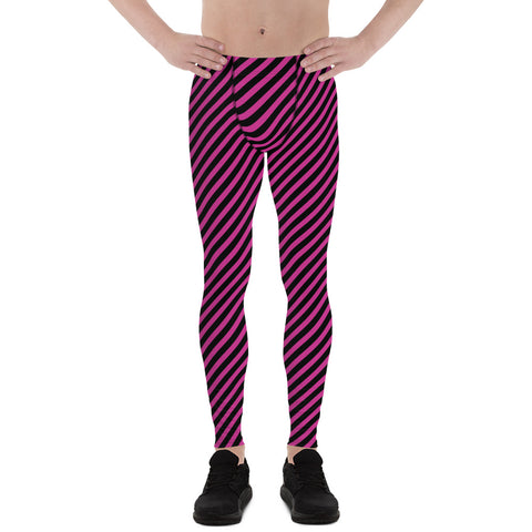 Colorful Diagonally Striped Meggings, Pink and Black Diagonal Striped Best Abstract Designer Print Sexy Meggings Men's Workout Gym Tights Leggings, Men's Compression Tights Pants - Made in USA/ EU/ MX (US Size: XS-3XL)&nbsp;