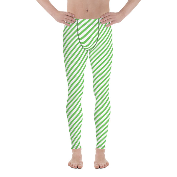 Green White Striped Meggings, Diagonal Striped Best Green and White Abstract Designer Print Sexy Meggings Men's Workout Gym Tights Leggings, Men's Compression Tights Pants - Made in USA/ EU/ MX (US Size: XS-3XL)&nbsp;