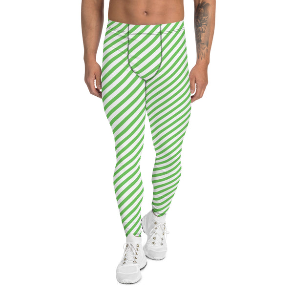 Green White Striped Meggings, Diagonal Striped Best Green and White Abstract Designer Print Sexy Meggings Men's Workout Gym Tights Leggings, Men's Compression Tights Pants - Made in USA/ EU/ MX (US Size: XS-3XL)&nbsp;