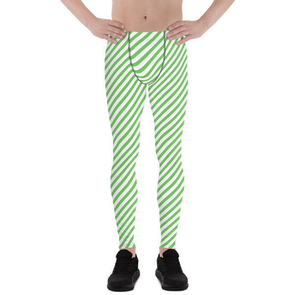 Green White Striped Meggings, Diagonal Striped Best Green and White Abstract Designer Print Sexy Meggings Men's Workout Gym Tights Leggings, Men's Compression Tights Pants - Made in USA/ EU/ MX (US Size: XS-3XL)&nbsp;