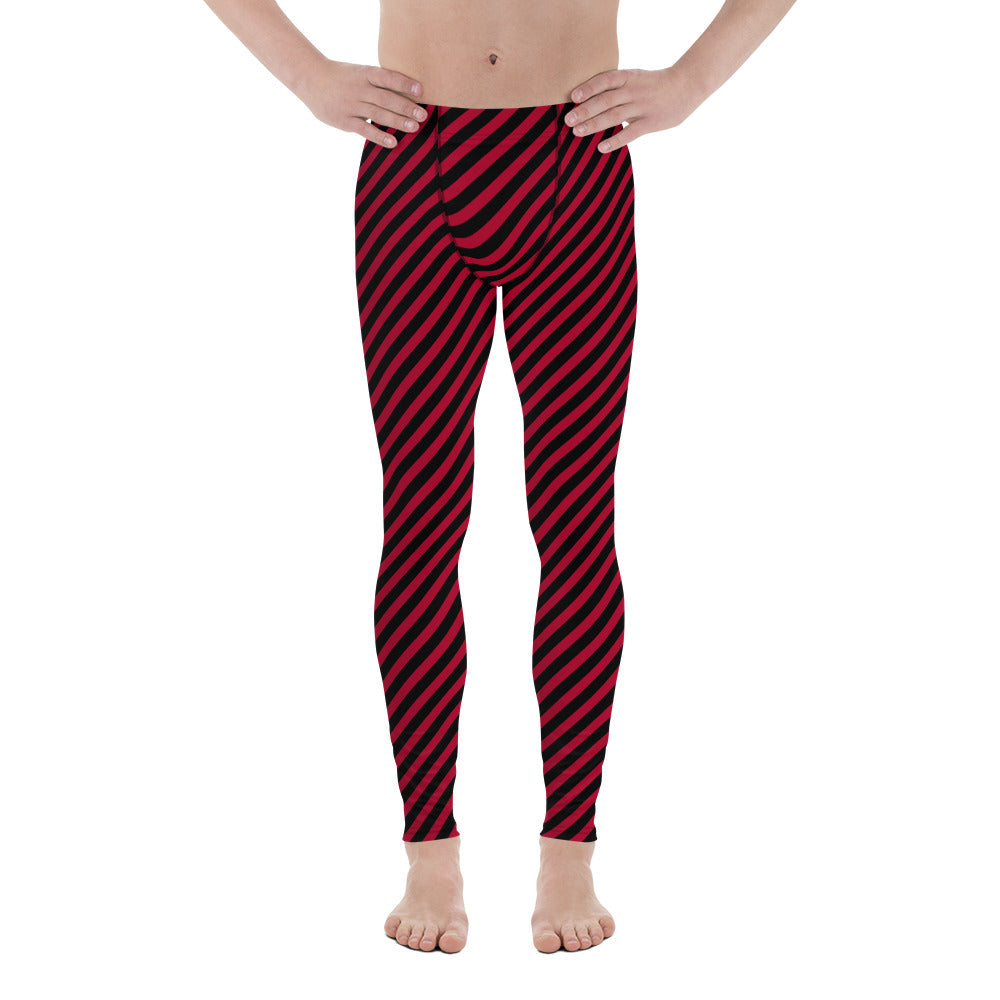 Colorful Diagonally Striped Meggings, Red and Black Diagonal Striped Best Abstract Designer Print Sexy Meggings Men's Workout Gym Tights Leggings, Men's Compression Tights Pants - Made in USA/ EU/ MX (US Size: XS-3XL)&nbsp;