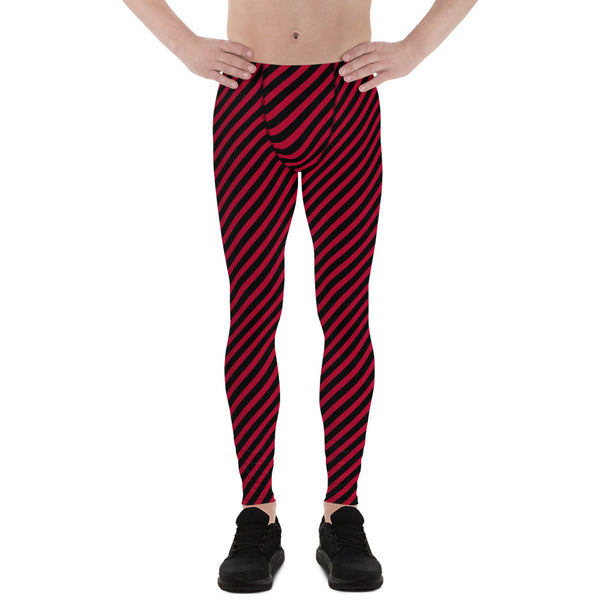 Red Black Diagonal Striped Meggings, Colorful Best Compression Tights For Men - Made in USA/EU/MX