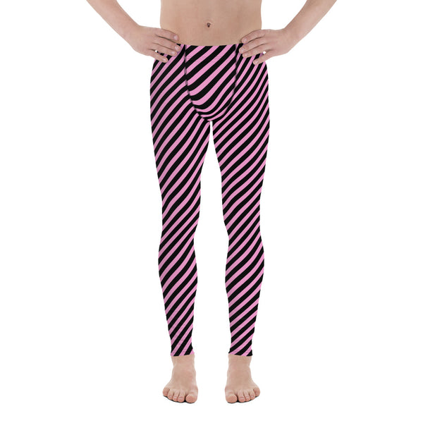 Light Pink Black Striped Meggings, Diagonally Striped Designer Print Sexy Meggings Men's Workout Gym Tights Leggings, Men's Compression Tights Pants - Made in USA/ EU/ MX (US Size: XS-3XL)&nbsp;