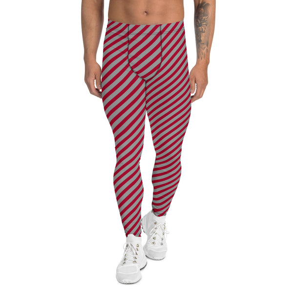 Colorful Diagonally Striped Meggings, Red and Grey Diagonal Striped Best Abstract Designer Print Sexy Meggings Men's Workout Gym Tights Leggings, Men's Compression Tights Pants - Made in USA/ EU/ MX (US Size: XS-3XL)&nbsp;