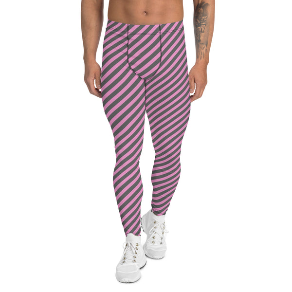 Pink Grey Diagonal Striped Meggings, Colorful Best Compression Tights For Men - Made in USA/EU/MX