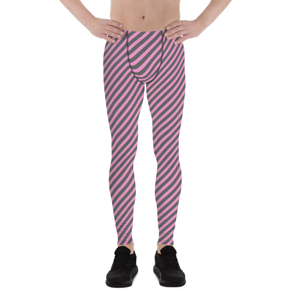 Pink Grey Diagonal Striped Meggings, Colorful Best Compression Tights For Men - Made in USA/EU/MX