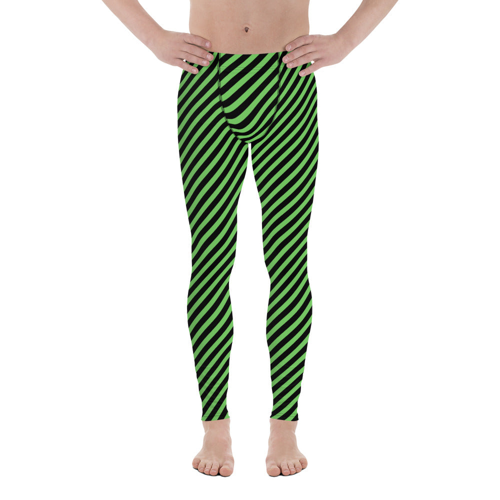 Pine Green Black Striped Meggings, Diagonal Striped&nbsp;Designer Print Sexy Meggings Men's Workout Gym Tights Leggings, Men's Compression Tights Pants - Made in USA/ EU/ MX (US Size: XS-3XL)&nbsp;