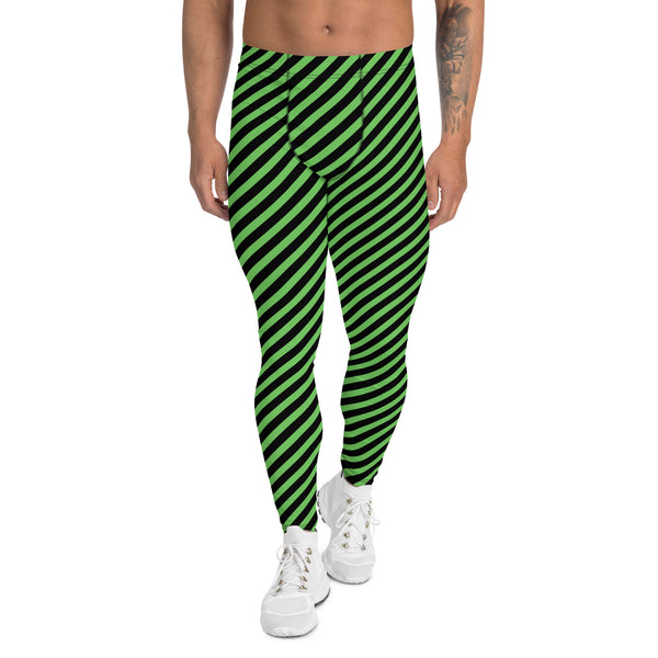 Pine Green Black Striped Meggings, Diagonal Striped&nbsp;Designer Print Sexy Meggings Men's Workout Gym Tights Leggings, Men's Compression Tights Pants - Made in USA/ EU/ MX (US Size: XS-3XL)&nbsp;