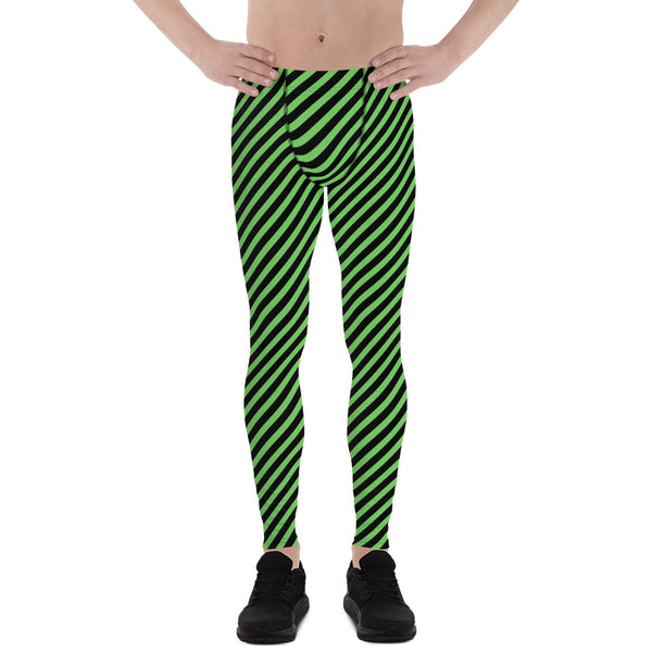 Pine Green Black Striped Meggings, Diagonal Striped&nbsp;Designer Print Sexy Meggings Men's Workout Gym Tights Leggings, Men's Compression Tights Pants - Made in USA/ EU/ MX (US Size: XS-3XL)&nbsp;