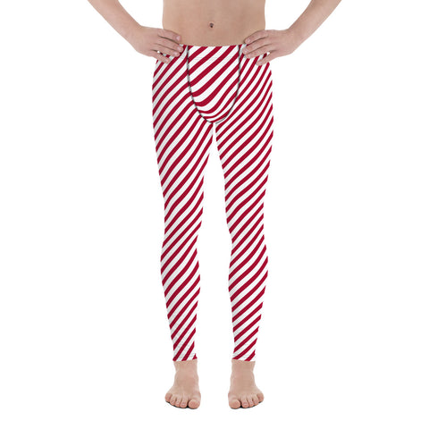 Colorful Diagonally Striped Meggings, Red and White Diagonal Striped Best Abstract Designer Print Sexy Meggings Men's Workout Gym Tights Leggings, Men's Compression Tights Pants - Made in USA/ EU/ MX (US Size: XS-3XL)&nbsp;