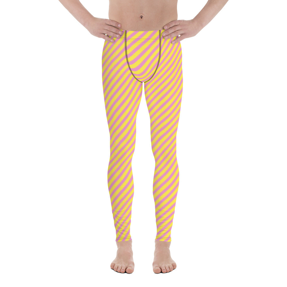 Pink Yellow Diagonally Striped Meggings, Best Men's Leggings