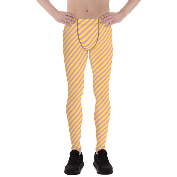 Pink Yellow Diagonally Striped Meggings, Best Men's Leggings