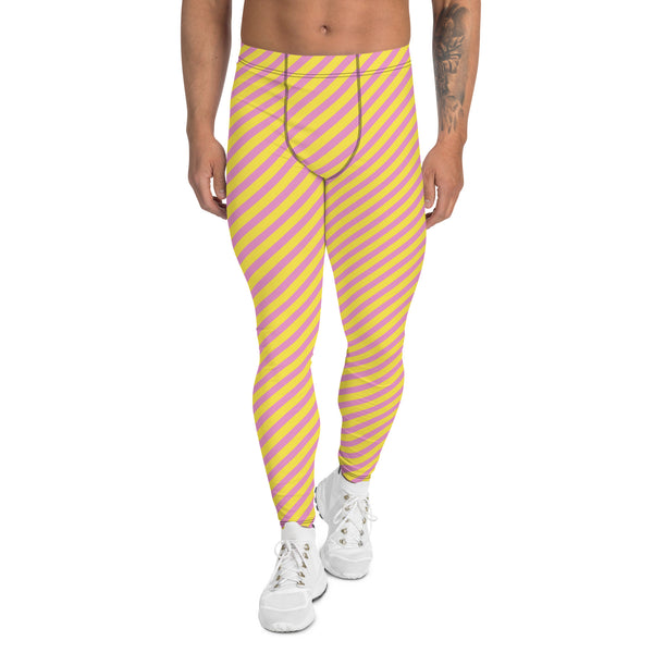 Pink Yellow Diagonally Striped Meggings, Best Men's Leggings