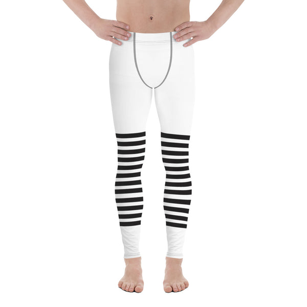 White Abstract Striped Men's Leggings, Black Horizontally Striped White and Black Abstract Designer Print Sexy Meggings Men's Workout Gym Tights Leggings, Men's Compression Tights Pants - Made in USA/ EU/ MX (US Size: XS-3XL)&nbsp;