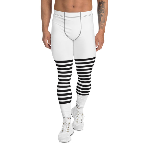 White Black Striped Meggings, Horizontally Striped White and Black Men's Leggings For Men - Made in USA/EU/MX