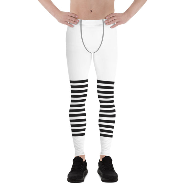 White Black Striped Meggings, Horizontally Striped White and Black Men's Leggings For Men - Made in USA/EU/MX