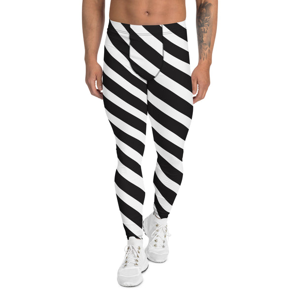 White Black Diagonally Striped Meggings, Abstract Striped Men's Leggings, Black Striped White and Black Abstract Designer Print Sexy Meggings Men's Workout Gym Tights Leggings, Men's Compression Tights Pants - Made in USA/ EU/ MX (US Size: XS-3XL)&nbsp;