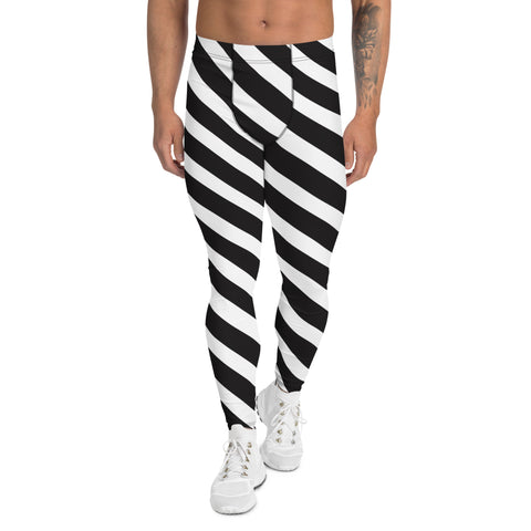 White Black Diagonally Striped Meggings, Abstract Striped Men's Leggings, Black Striped White and Black Abstract Designer Print Sexy Meggings Men's Workout Gym Tights Leggings, Men's Compression Tights Pants - Made in USA/ EU/ MX (US Size: XS-3XL)&nbsp;