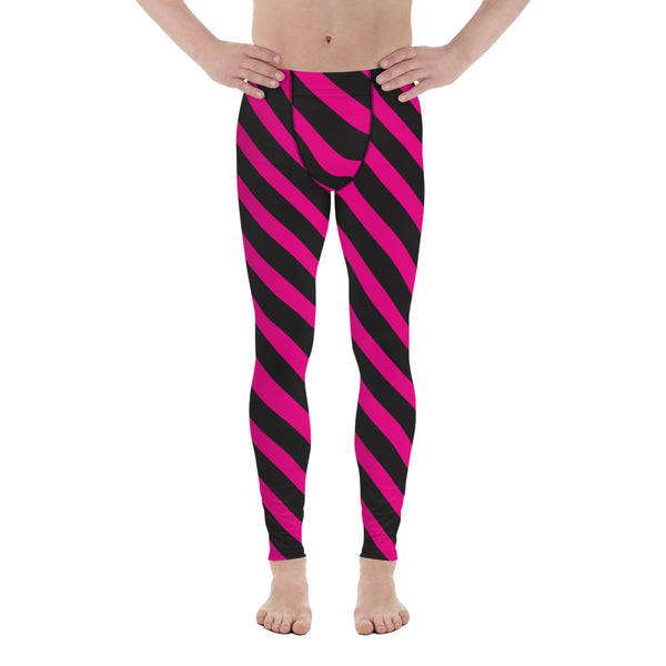 Pink Black Diagonal Striped Meggings, Best Men's Leggings