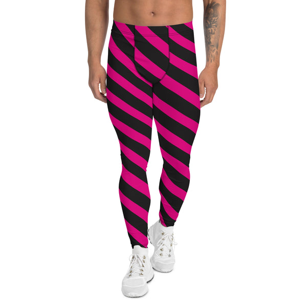 Pink Black Diagonal Striped Meggings, Best Men's Leggings