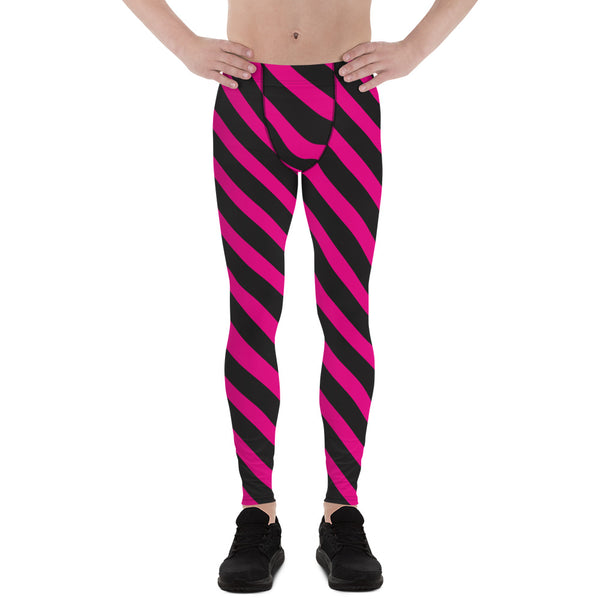 Pink Black Diagonal Striped Meggings, Best Men's Leggings