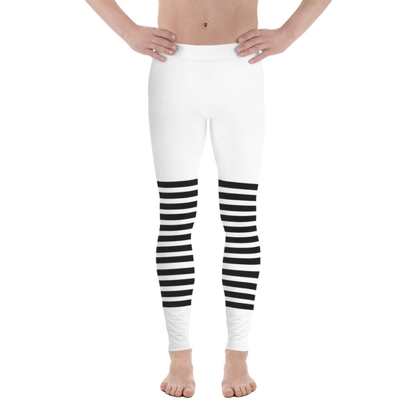 White Abstract Striped Men's Leggings, Black Horizontally Striped White and Black Abstract Designer Print Sexy Meggings Men's Workout Gym Tights Leggings, Men's Compression Tights Pants - Made in USA/ EU/ MX (US Size: XS-3XL)&nbsp;