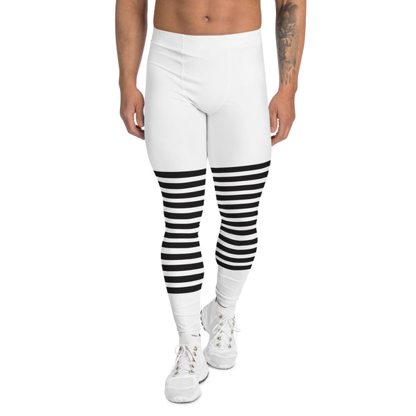 White Abstract Striped Men's Leggings, Black Horizontally Striped White and Black Abstract Designer Print Sexy Meggings Men's Workout Gym Tights Leggings, Men's Compression Tights Pants - Made in USA/ EU/ MX (US Size: XS-3XL)&nbsp;