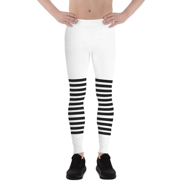 White Black Horizontal Striped Meggings, Best Horizontally Striped Men's Leggings For Men - Made in USA/EU/MX