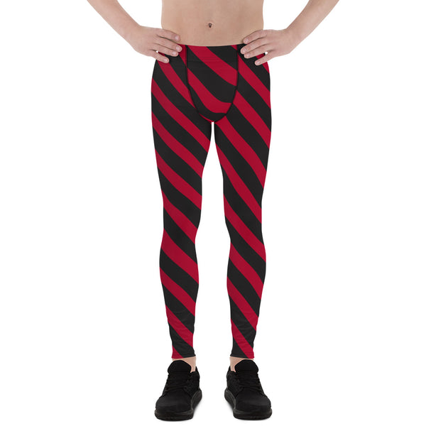 Red Black Diagonal Striped Meggings, Best Festival Men's Leggings Running Compression Tights For Men - Made in USA/EU/MX